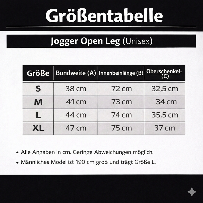 Size chart for Jogger - Open Leg