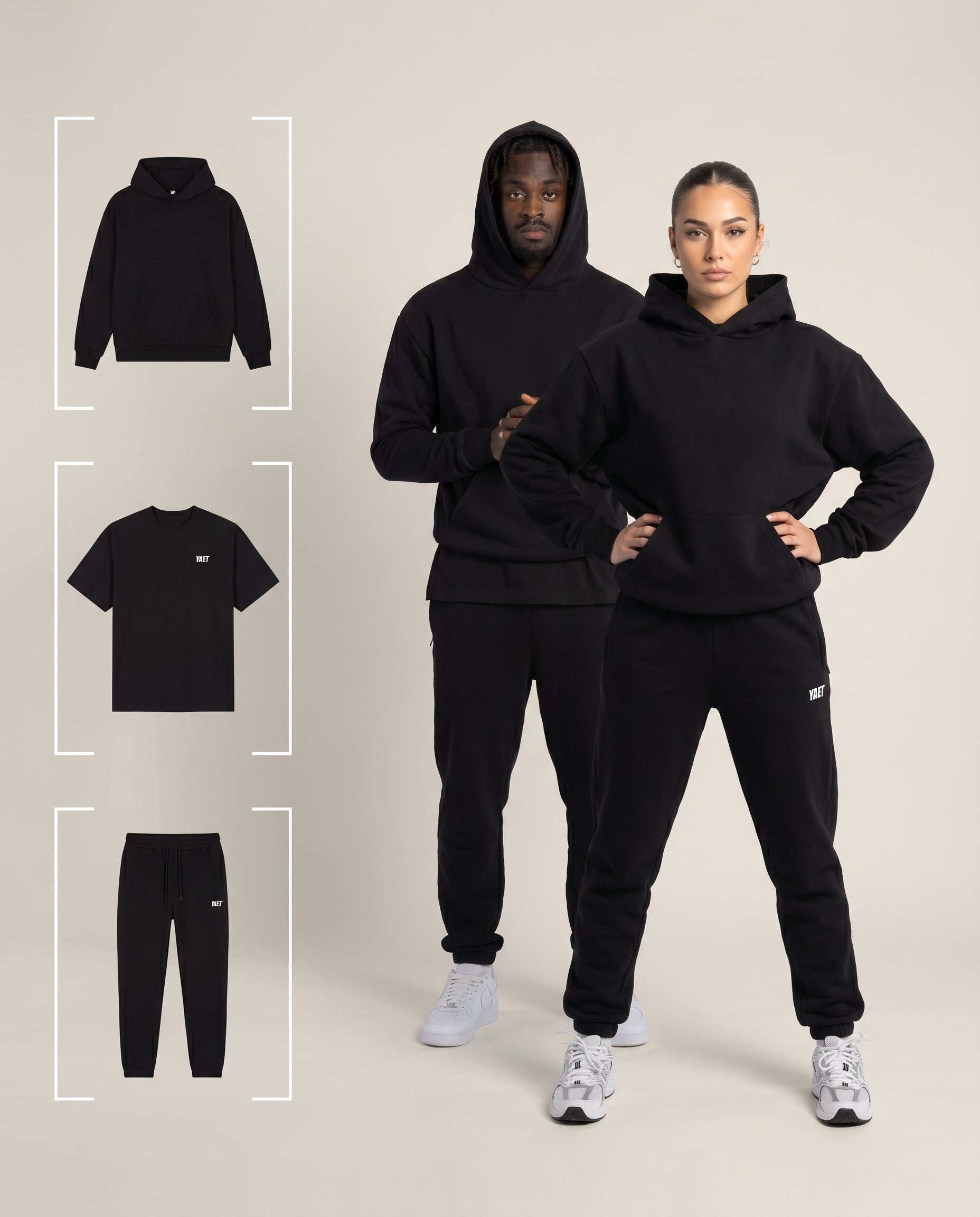 YAET 3er Bundle – Hoodie, Shirt, Hose – männliches und weibliches Model