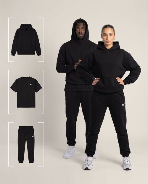 YAET 3er Bundle – Hoodie, Shirt, Hose – männliches und weibliches Model
