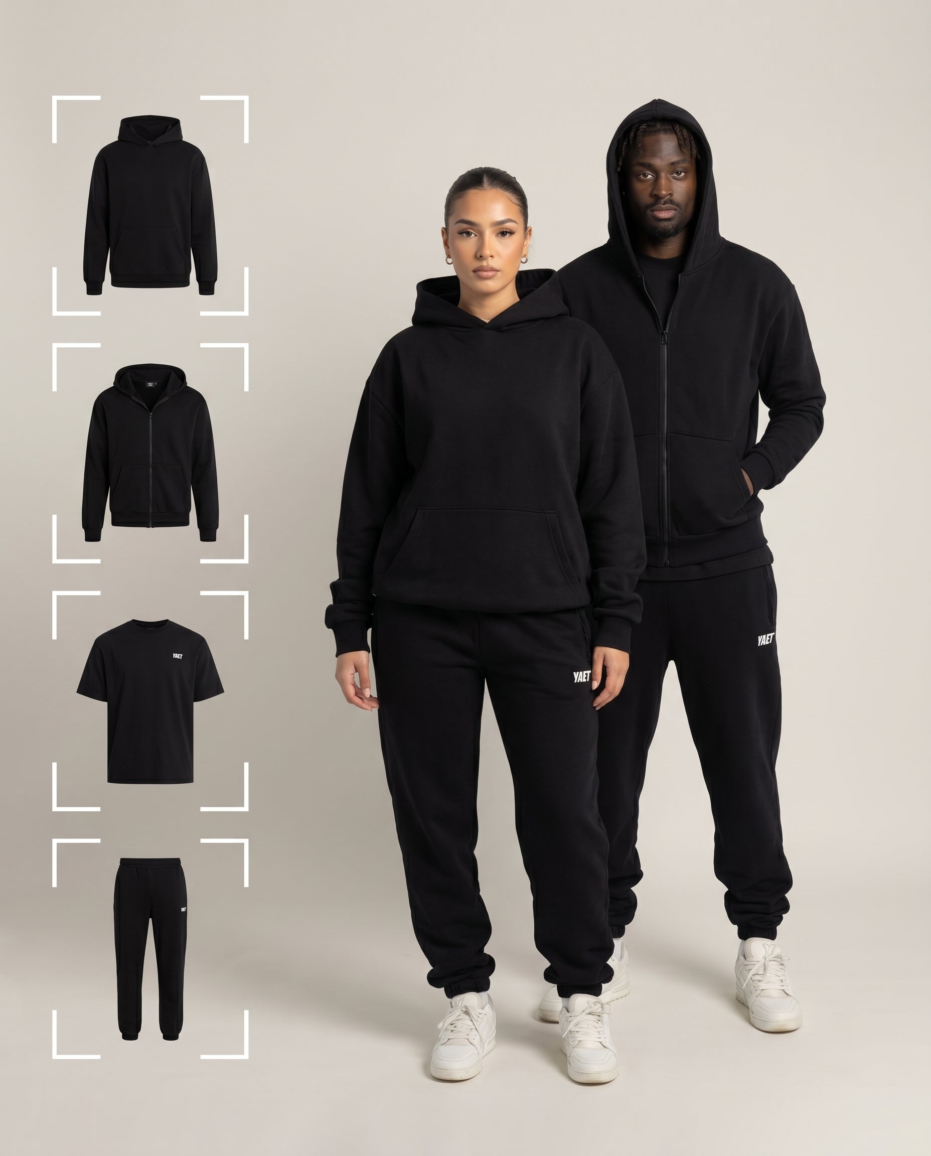 YAET 4er Bundle – Hoodie, Zipper, Shirt, Hose – männliches und weibliches Model