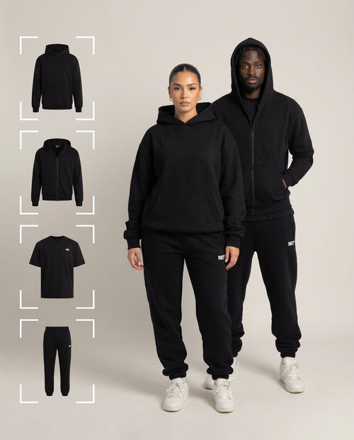 YAET 4er Bundle – Hoodie, Zipper, Shirt, Hose – männliches und weibliches Model