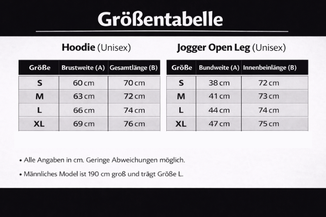 Size chart for Hoodie + Jogger Open Leg