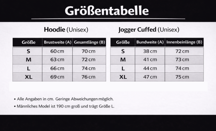 Size chart for Hoodie + Jogger Cuffed